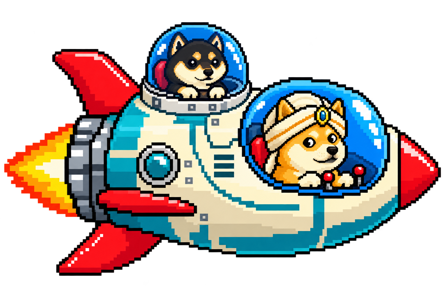Shiba Sultan wearing his turban, flying a cartoon rocket with Penelope in the upper copilot bubble